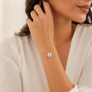 Pulseira Prata Legítima Olho Grego Redondo Madrepérola 10 mm