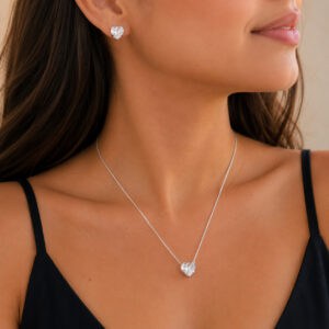 Conjunto Coração Caixa Alta Cristal em Prata 925 – Colar e Brincos