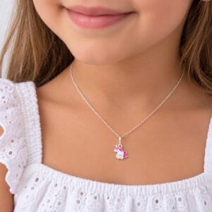Colar Infantil Unicórnio Rosa em Prata 925 – Corrente Elo Mini 40 cm