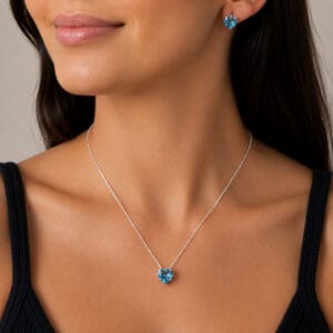 Conjunto Coração Caixa Alta Azul Capri em Prata 925 – Colar e Brincos
