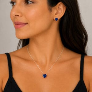Conjunto Coração Caixa Alta Azul Caneta em Prata 925 – Colar e Brincos