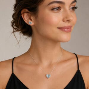Conjunto Coração Caixa Alta Azul Claro em Prata 925 – Colar e Brincos