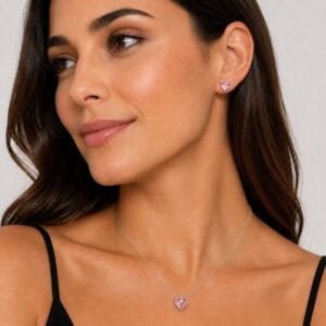 Conjunto Coração Caixa Alta Rosa Cristal em Prata 925 – Colar e Brincos