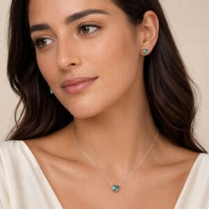 Conjunto Coração Caixa Alta Verde Água em Prata 925 – Colar e Brincos