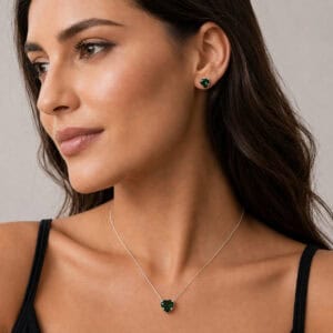 Conjunto Coração Caixa Alta Verde Esmeralda em Prata 925 – Colar e Brincos