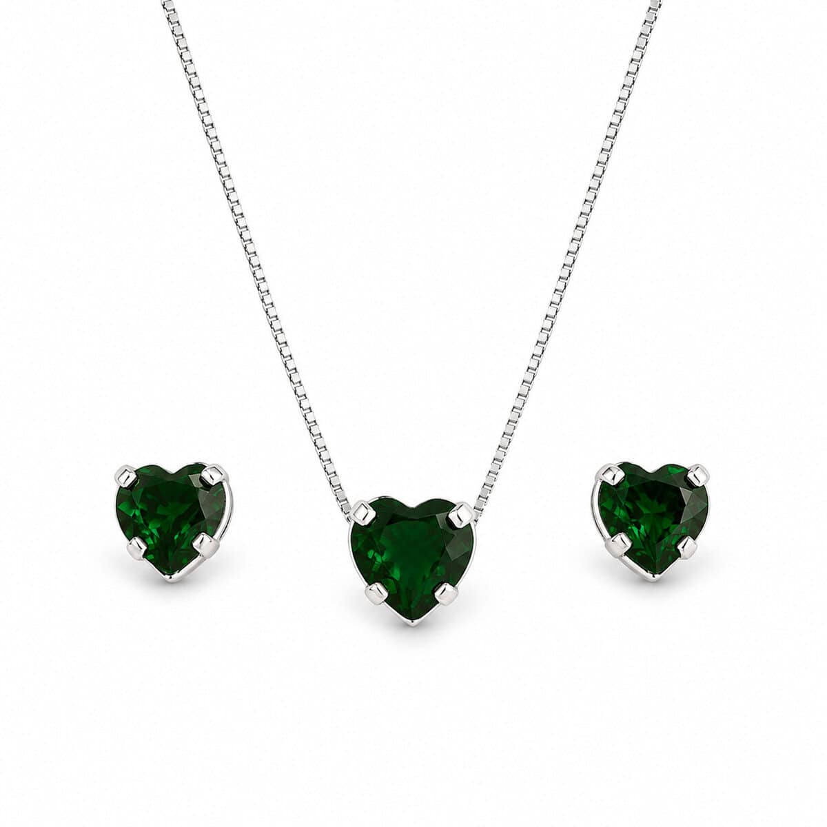 Conjunto Coração Caixa Alta Verde Esmeralda em Prata 925 – Colar e Brincos (4)