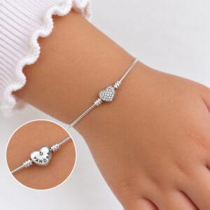 Pulseira Infantil Timbrado com Coração em Prata 925 – 16,5 cm ou 17,5 cm
