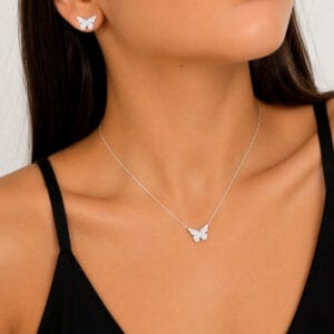 Conjunto Borboleta Cravejada em Prata 925 – Colar e Brincos