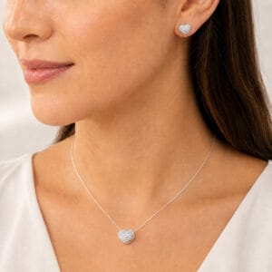 Conjunto Coração Cravejado em Prata 925 – Colar + Brincos