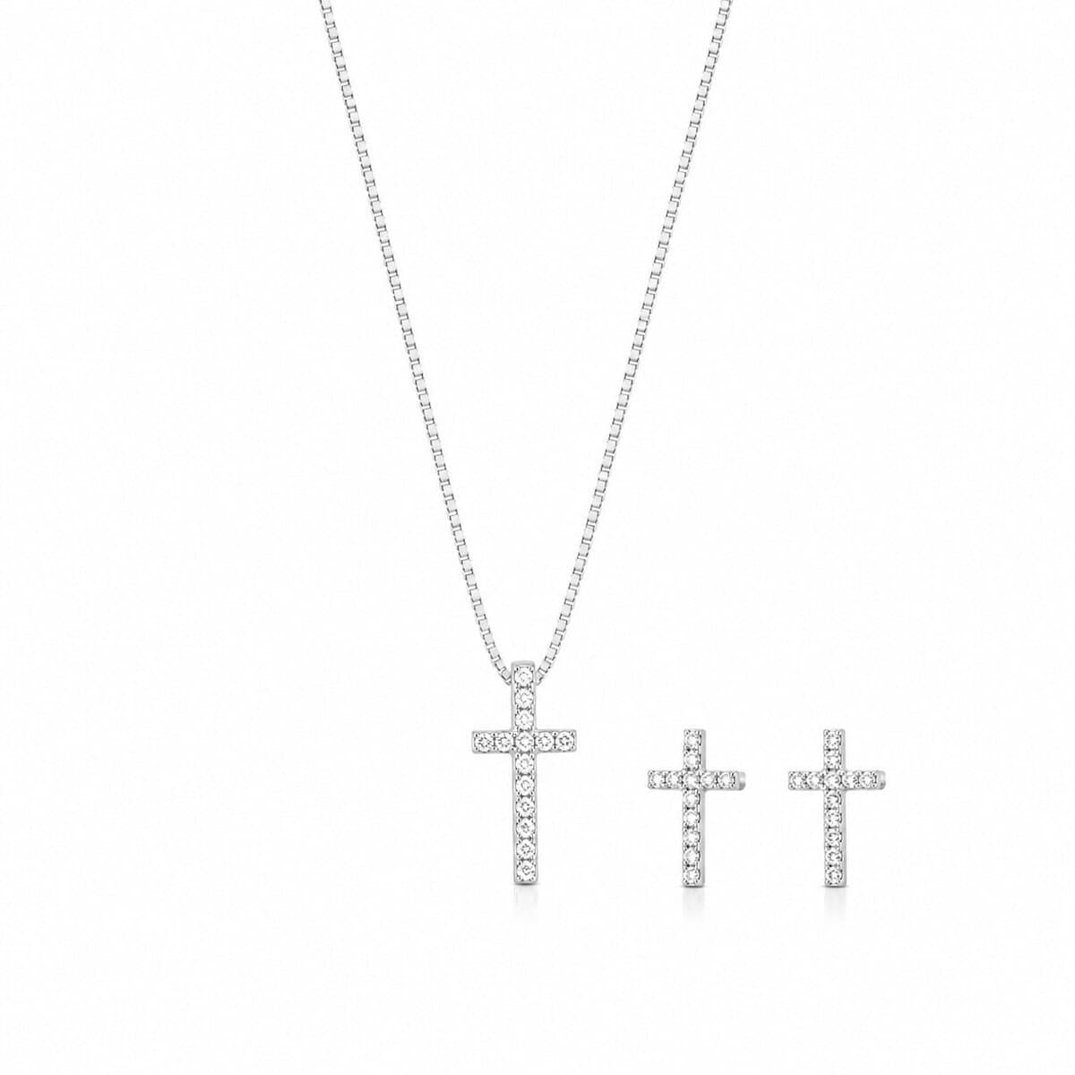 Conjunto Cruz Cravejada em Prata 925 – Colar e Brincos (1)