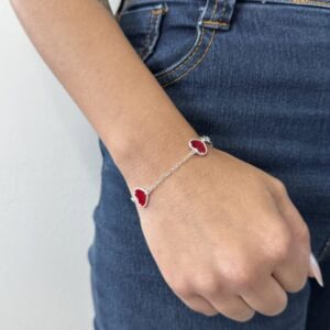 Pulseira 3 Corações Pedras Vermelhas