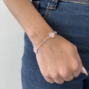 Pulseira 3 Corações Pedras Rosas