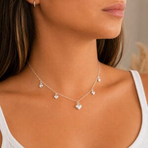 Chocker Corações Bojudos Pendurados Prata Legítima