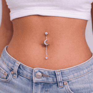 Piercing Umbigo Lua e Estrela com Corrente