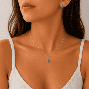 Conjunto Colar e Brinco Coração Zircônia Azul Claro