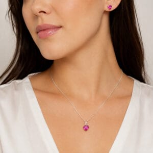 Conjunto Coração Rosa Escuro em Prata 925 – Colar e Brincos