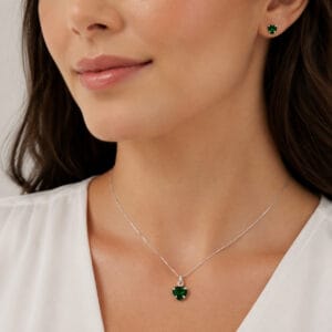 Conjunto Coração Verde Escuro em Prata 925 – Colar e Brincos