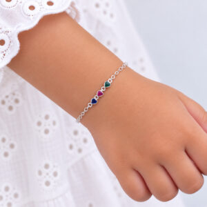 Pulseira Infantil Elos Diamantados com 3 Corações Coloridos em Prata 925 – 14 cm