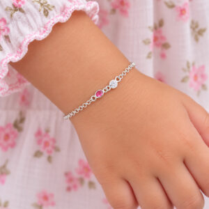 Pulseira Infantil com Duas Zircônias Rosa e Cristal em Prata 925 – 14 cm