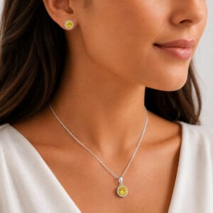 Conjunto Colar e Brinco Zircônia Redonda Amarela Cravejada em Prata 925