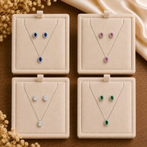 Conjunto Colar e Brincos Prata 925 Pedra Oval Cravejada
