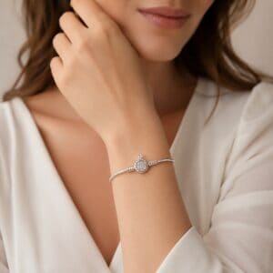 Pulseira para Berloques em Prata 925 com Fecho Coroa Cravejado