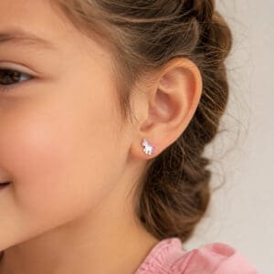 Brinco Infantil Unicórnio Rosa 10 mm em Prata 925