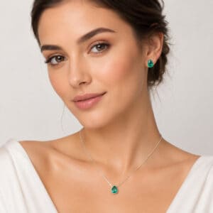 Conjunto Colar e Brincos Gota Verde em Prata 925