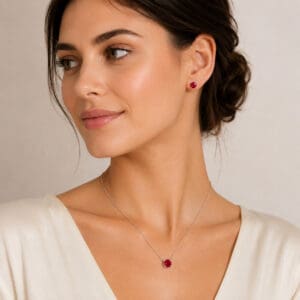 Conjunto Colar e Brincos Ponto de Luz Vermelho em Prata 925