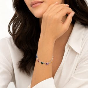 Pulseira Feminina de Prata 925 com Borboletas Coloridas