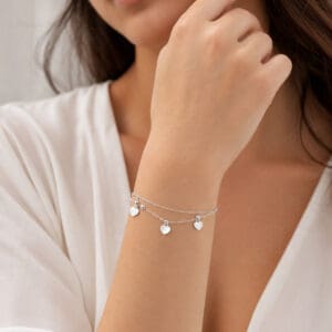 Pulseira de Prata 925 Dupla com Corações Lisos e Bolinhas