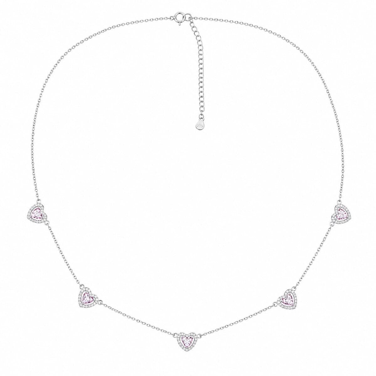 Colar de Prata 925 com 5 Corações Rosa Claro Cravejados (4)