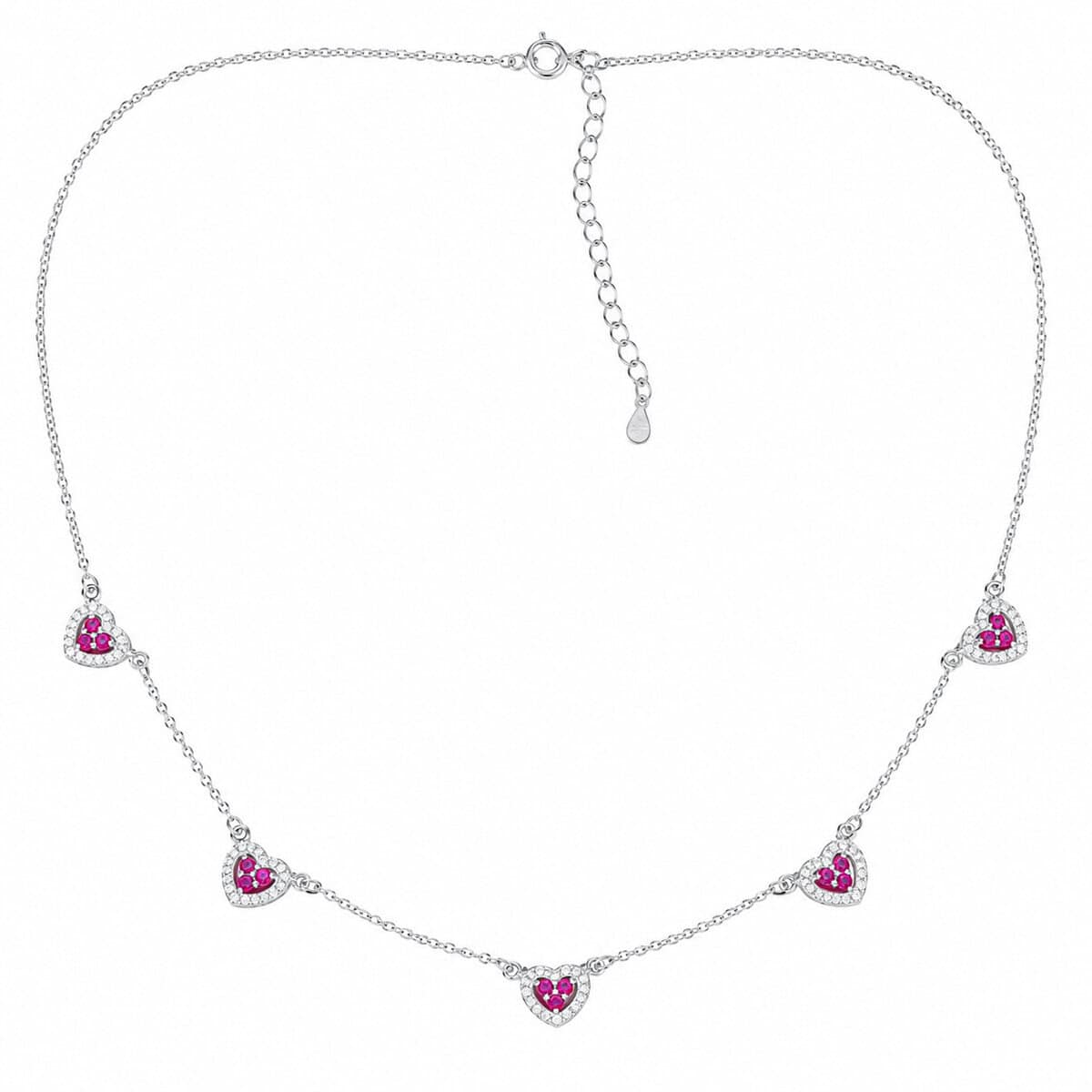 Colar de Prata 925 com 5 Corações Rosa Escuro Cravejados (4)
