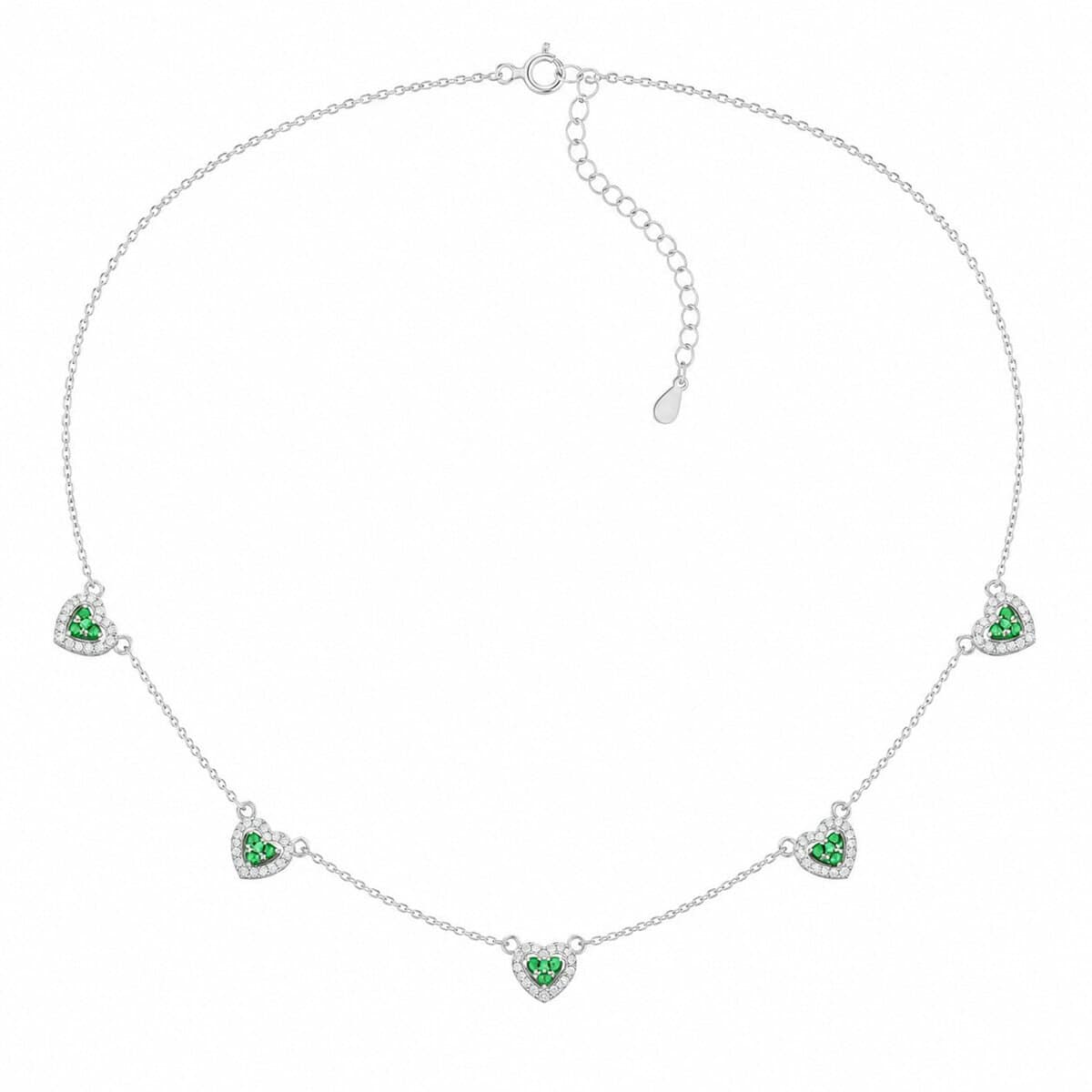 Colar de Prata 925 com 5 Corações Verdes Cravejados (2)