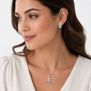 Conjunto Nossa Senhora Aparecida em Prata 925 com Pedras Azuis – Colar + Brincos