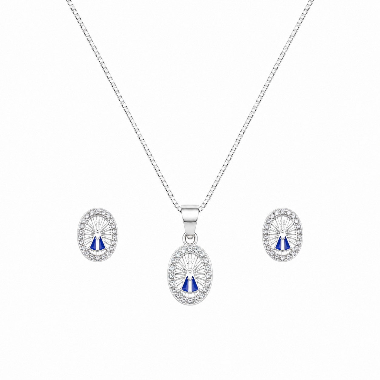 Conjunto Nossa Senhora Aparecida em Prata 925 – Colar 45 cm + Brincos 10 mm (1)
