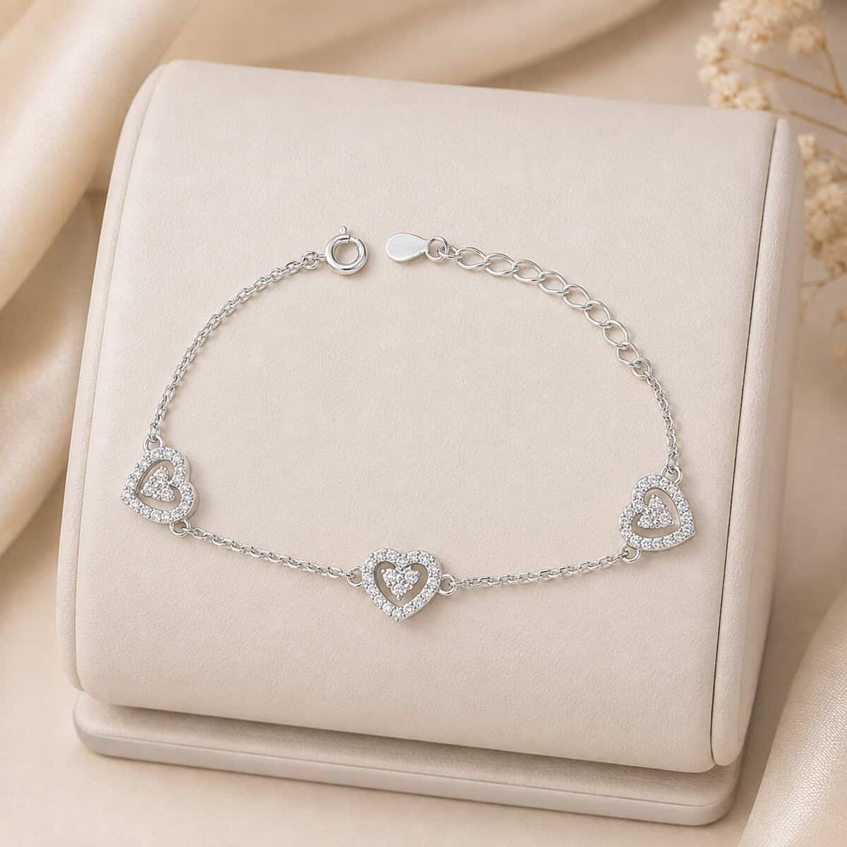 Pulseira 3 Corações com Zircônias Cristais em Prata 925 – 15,5 cm + Extensor (1)