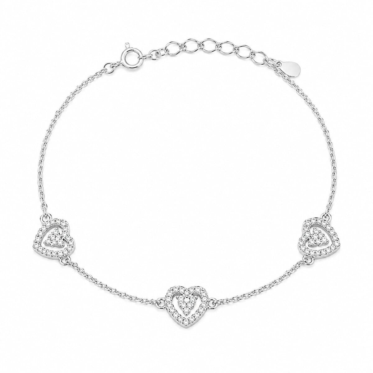 Pulseira 3 Corações com Zircônias Cristais em Prata 925 – 15,5 cm + Extensor (2)