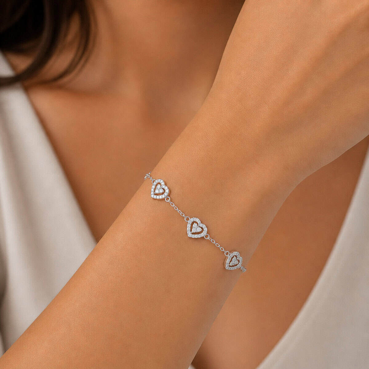 Pulseira 3 Corações com Zircônias Cristais em Prata 925 – 15,5 cm + Extensor (3)