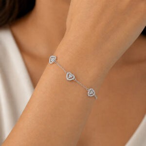 Pulseira 3 Corações com Zircônias Cristais em Prata 925 – 15,5 cm + Extensor