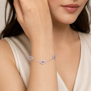 Pulseira 3 Corações com Zircônias Rosa Escuro em Prata 925 – 15,5 cm + Extensor