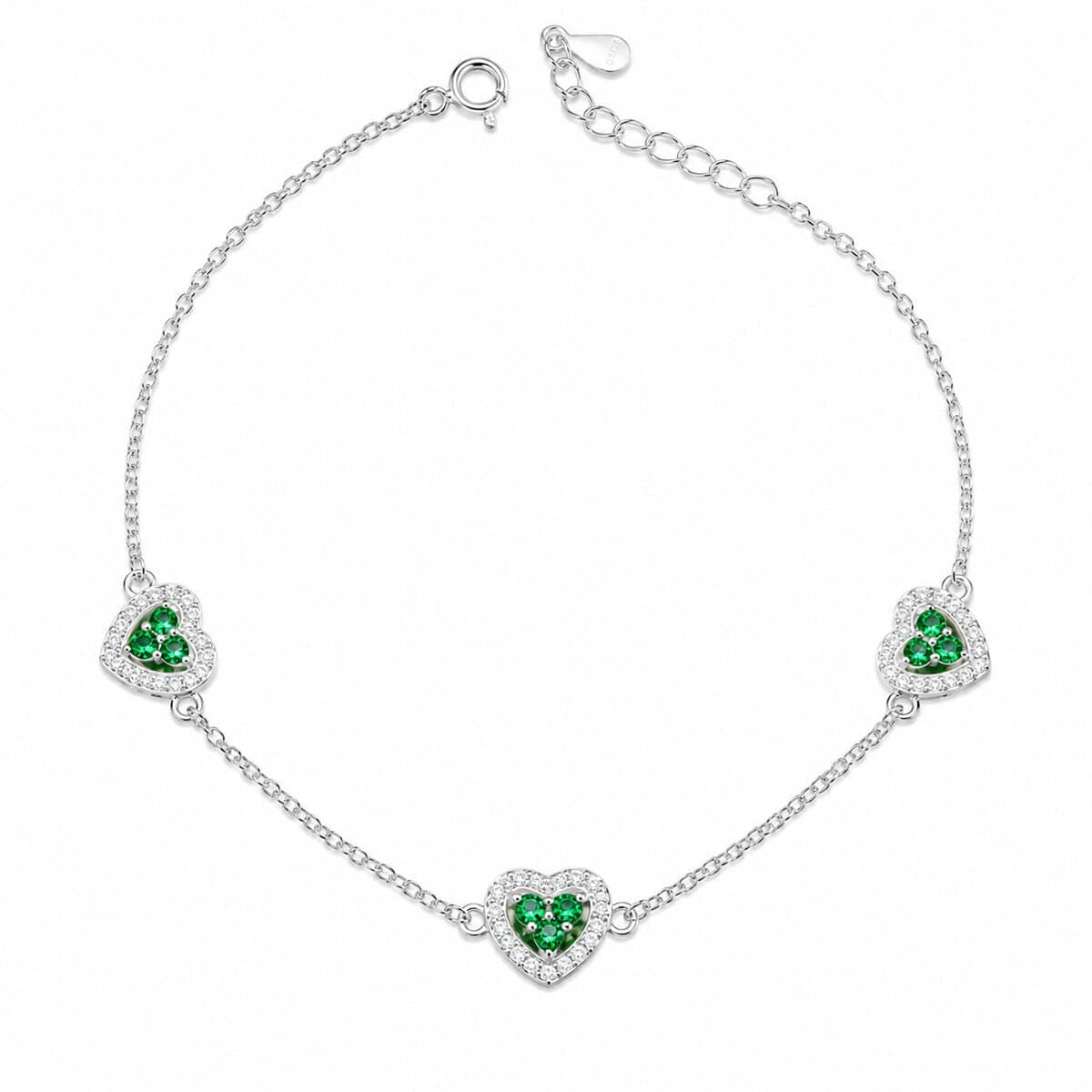 Pulseira 3 Corações com Zircônias Verdes em Prata 925 – 15,5 cm + Extensor (1)