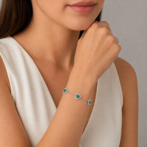 Pulseira 3 Corações com Zircônias Verdes em Prata 925 – 15,5 cm + Extensor