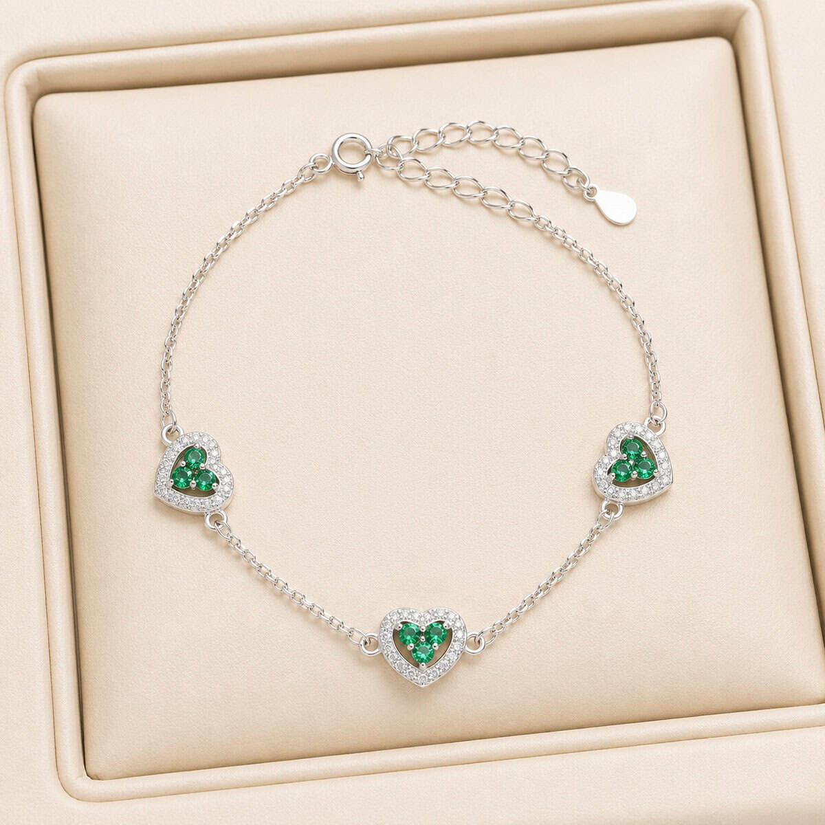Pulseira 3 Corações com Zircônias Verdes em Prata 925 – 15,5 cm + Extensor (4)