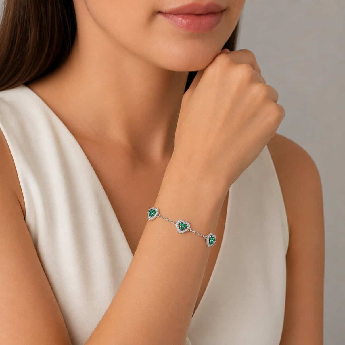 Pulseira 3 Corações com Zircônias Verdes em Prata 925 – 15,5 cm + Extensor
