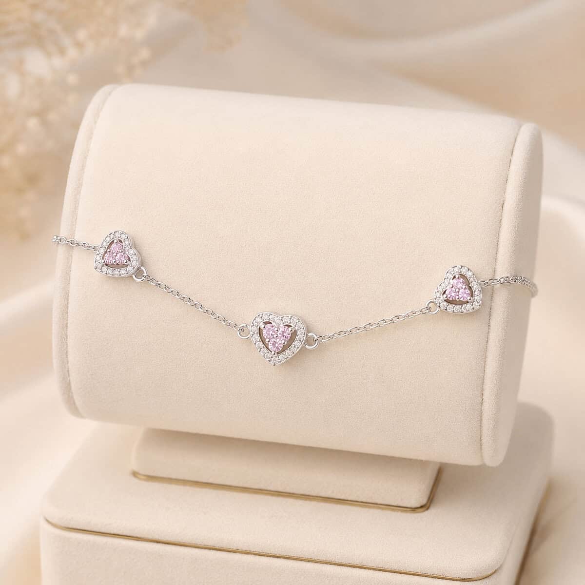 Pulseira Corações com Zircônias Rosa em Prata 925 – 15,5 cm + Extensor (1)