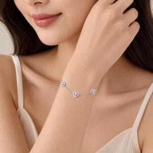 Pulseira Corações com Zircônias Rosa em Prata 925 – 15,5 cm + Extensor